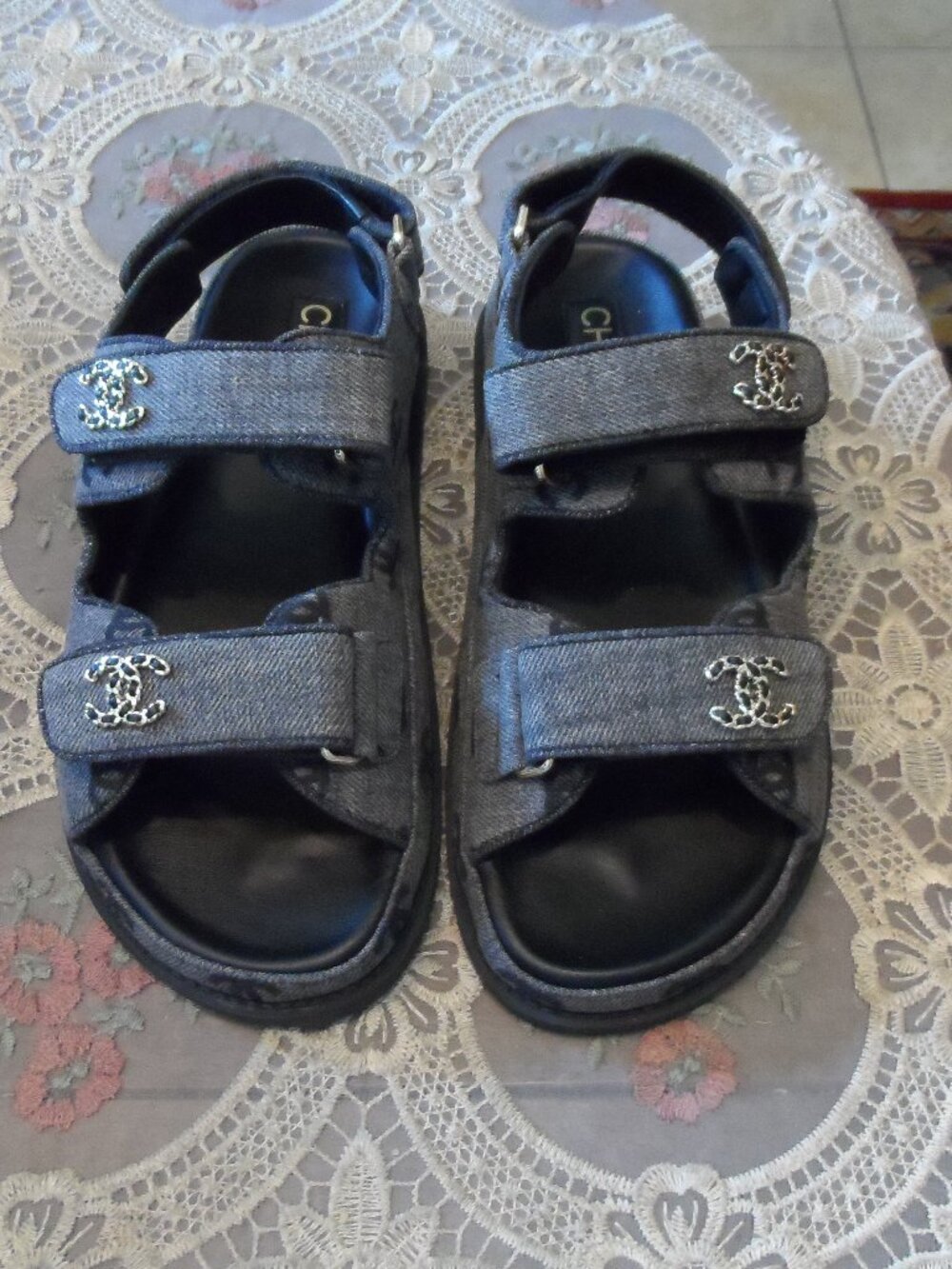New Chanel Gray Signature Jacquard Grandpa Sandals Size 38.5B